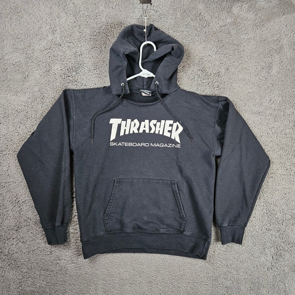 Thrasher Skateboard Magazine Logo Hoodie Mens Small Black Sweatshirt